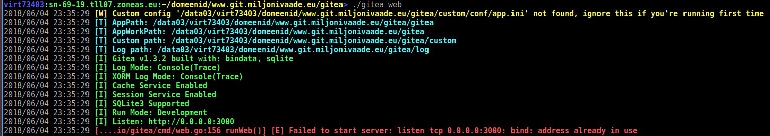 Gitea esimene käivitus